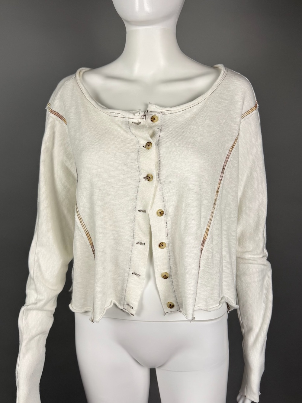 7 For All Mankind Ivory Button-Front Slub Knit Top
